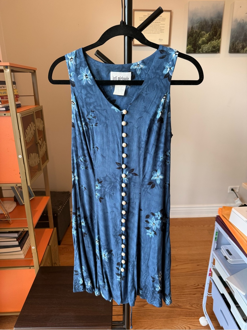 Blue Floral Button-Front Sleeveless Dress